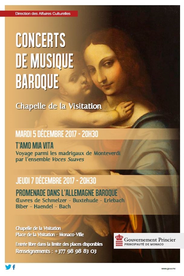 Concerts de musique baroque  Mardi 5 et jeudi 7 décembre 2017 – Chapelle de la Visitation – 20 H 30